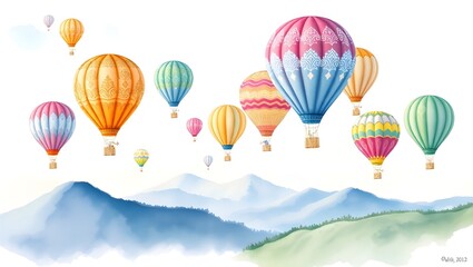 Hot Air Balloons Over Mountains &ndash; Watercolor Travel Art