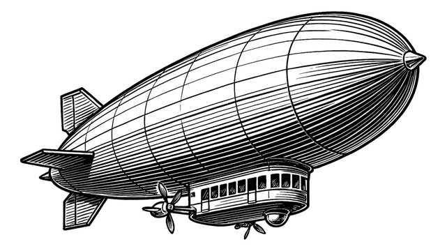 Vintage Engraved Illustration of Airship or Zeppelin Dirigible in Black and White