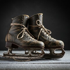 A pair of worn leather ice skates with rusted blades, tied together with aged twine on a frosted wooden surface.