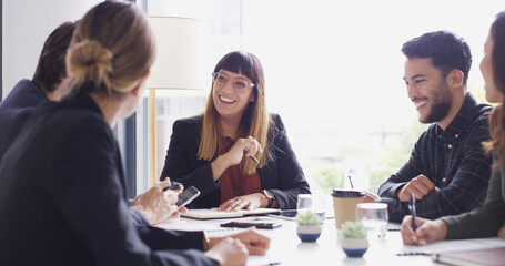 Corporate, group and colleagues in boardroom, smile and collaboration for investment and...