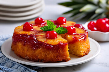 In studio glow, cozy pineapple upside-down cake on white background, clean food photography style