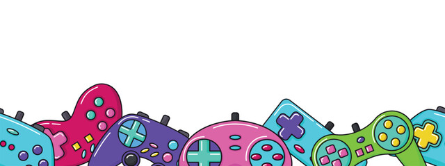 Vector game controller gamepad seamless border. Multicolored joysticks elements flat style isolated on white background