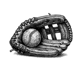 Baseball glove with baseball inside in detailed vintage black and white engraving style