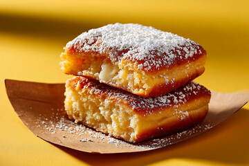 In soft daylight, beignet rests in sunny corner on pastel yellow background, clean food photography style