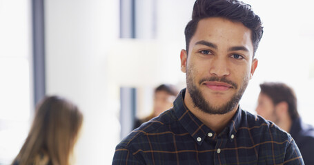 Proud, business and man with portrait in office for corporate career, bank consultant and management. Male person, employee and about us, banking experience and ambition for financial opportunity