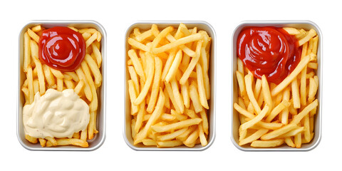 Three trays of fries one without anything on it.png