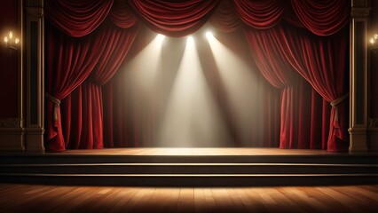 Rich red velvet theater curtains are drawn aside to reveal an empty stage, dramatic side spotlights, and a classical performance ambiance.