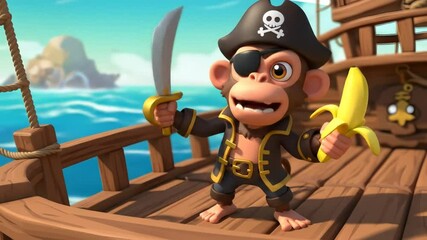 Monkey pirate cartoon character on ship deck