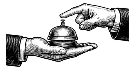 Hand About to Ring Service Bell in Detailed Black and White Engraving Line Art Drawing