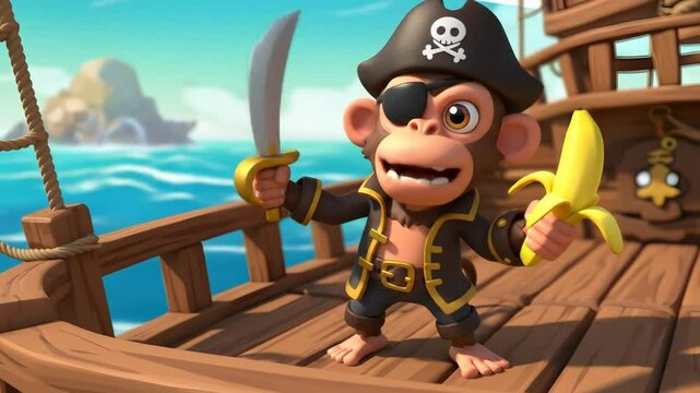 Monkey pirate cartoon character on ship deck