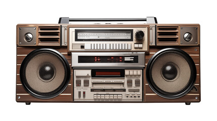 A vintage boombox with large speakers on a black background