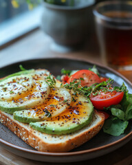 Gourmet Avocado Toast with Honey Drizzle, Healthy Breakfast
