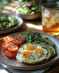 Healthy Breakfast Platter, Avocado Toast with Fried Eggs & Fresh Veggies
