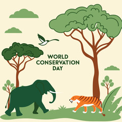 World Conservation Day Illustration: A vibrant illustration dedicated to World Conservation Day, depicting the harmonious coexistence of diverse flora and fauna in a thriving ecosystem.