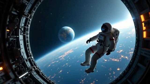 Astronaut Floating in Space, Earth View