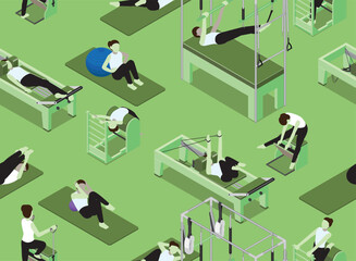 Pilates Poses Machine Isometric Poses Green Seamless Pattern Background Wallpaper