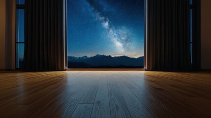 Dreamy home interior with open curtains revealing the Milky Way above a vintage wooden floor