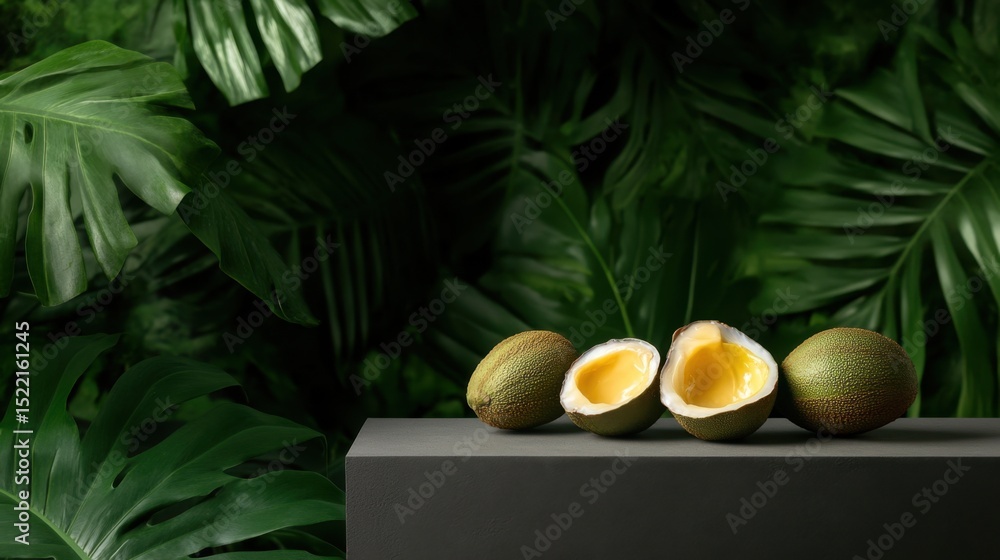 Aufkleber durians on display with open shell showing soft yellow flesh and leafy background