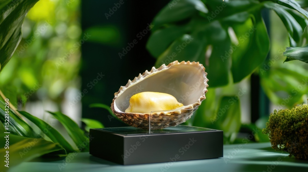 Aufkleber durians on display with open shell showing soft yellow flesh and leafy background
