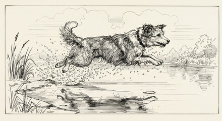 Energetic Dog Leaping Over Water in Detailed Ink Drawing Illustration