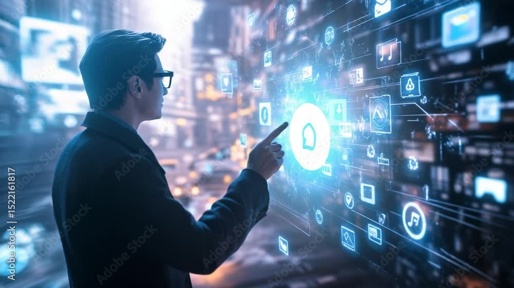Poster man interacting with futuristic augmented reality interface in urban environment