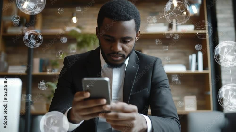 Poster professional man using mobile device with augmented reality interface for business work