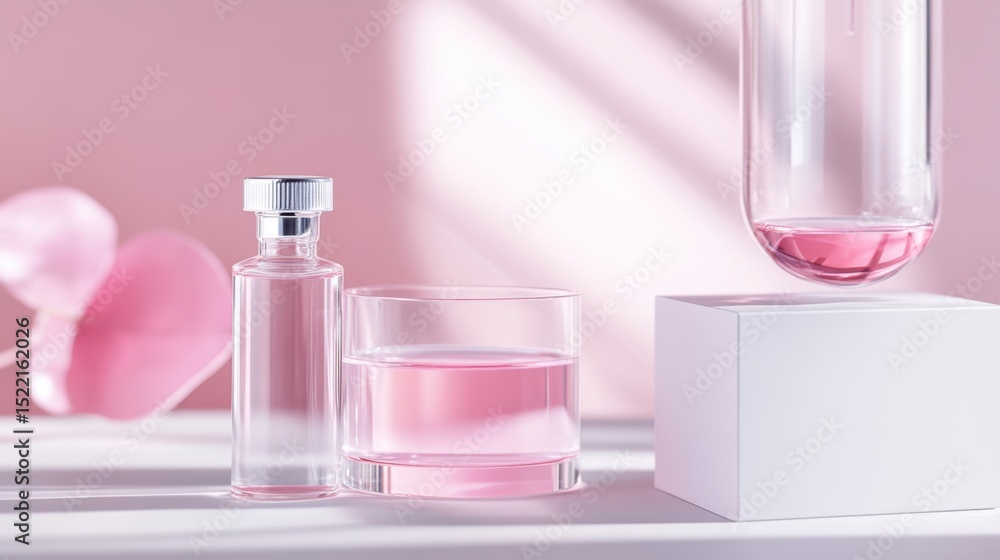 Poster elegant lab setup with pink solution in clear dish on pale, seamless background