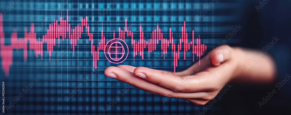 Poster a digital hand supports a fluctuating data graph, symbolizing analysis and technology.