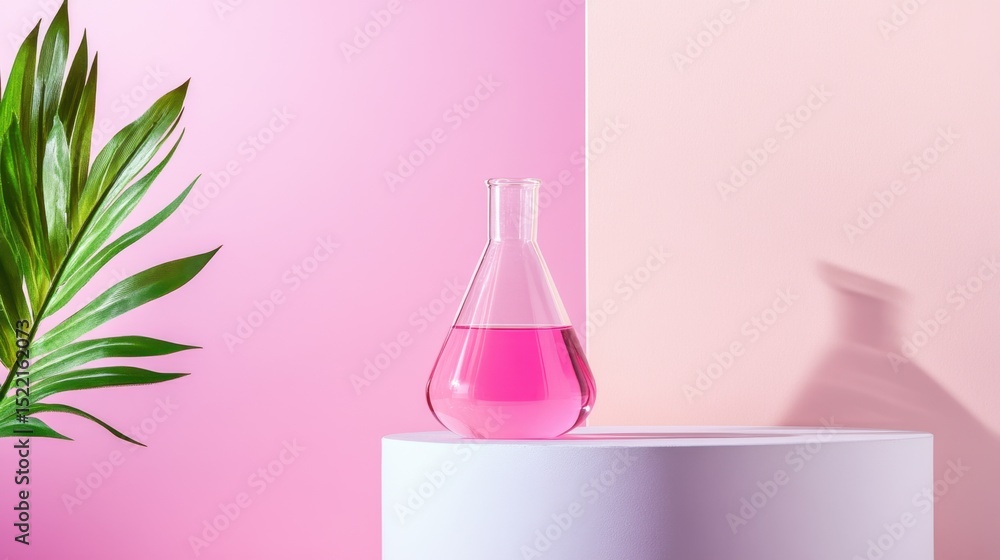 Poster elegant lab setup with pink solution in clear dish on pale, seamless background