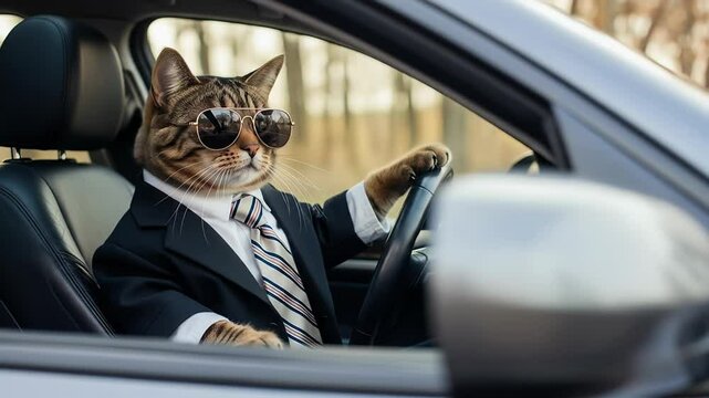 Tabby Cat in Suit Driving Car