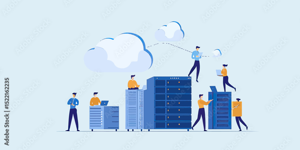 Aufkleber business people interacting with data servers and cloud computing symbols, teamwork in technology in