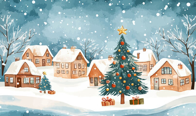 Fototapeta premium Winter village scene with snow covered cozy houses decorated Christmas trees gift boxes falling snow watercolor vector illustration