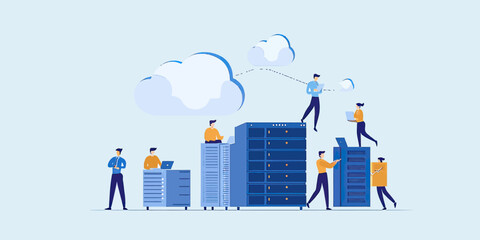 Business people interacting with data servers and cloud computing symbols, teamwork in technology infrastructure concept in flat minimalist vector style