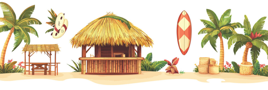 Tropical beach tiki bar bamboo hut with straw roof surrounded by palm trees surfboards and tropical plants in summer island setting vector