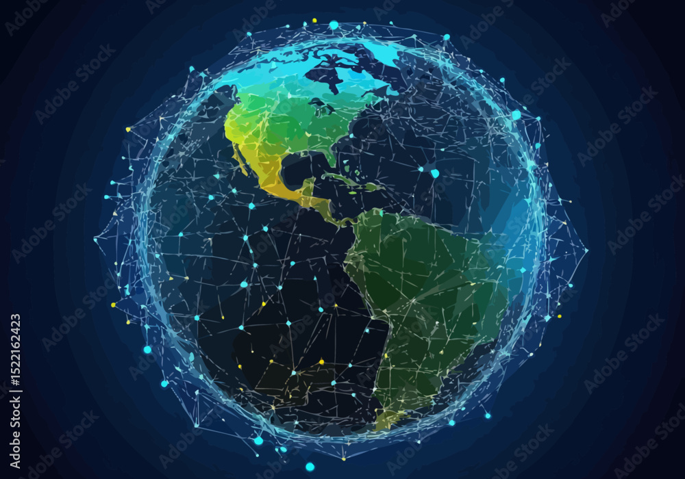 Poster low poly earth globe with polygonal mesh network connecting dots lines digital technology world map 