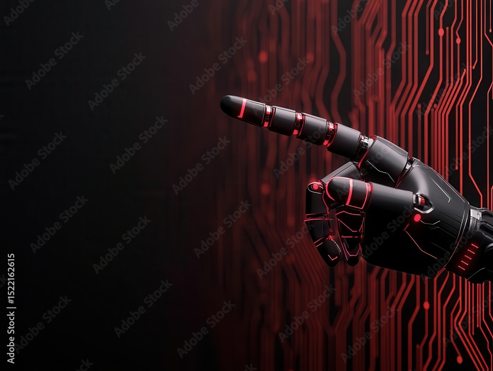 Poster a robotic hand points forward against a glowing red circuit board background, symbolizing advanced t