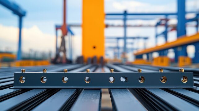 A metal component with multiple holes is positioned on parallel steel beams in an industrial setting with cranes and blue sky in the background.