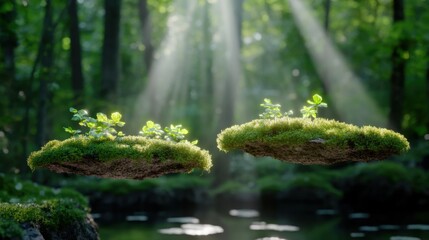 Enchanted forest scene with floating moss islands and sunlight beams