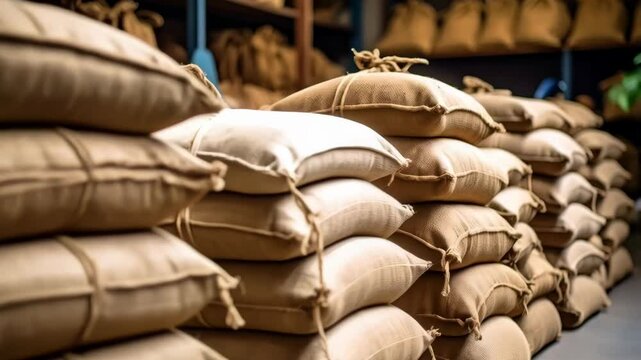 Stacks of burlap sacks tied with string, piled high on warehouse shelves, filled with dry goods, materials, or agricultural products