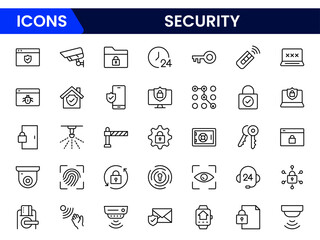 Robust vector web line icons depicting security, protection, cybersecurity, locks, encryption, and safe digital environments for users.