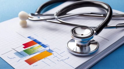 Flat lay of stethoscope and blank notebook with medical graph overlay, blue background