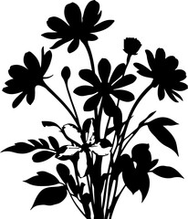 Wildflower bouquet silhouette, featuring daisy-like blooms, perfect for rustic designs, nature-inspired decor, and artistic projects seeking a charming, organic touch.