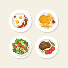 A diverse collection of food illustration, including scramble egg, fish and chips, steak, and salad. Breakfast items, ideal for restaurant menu design