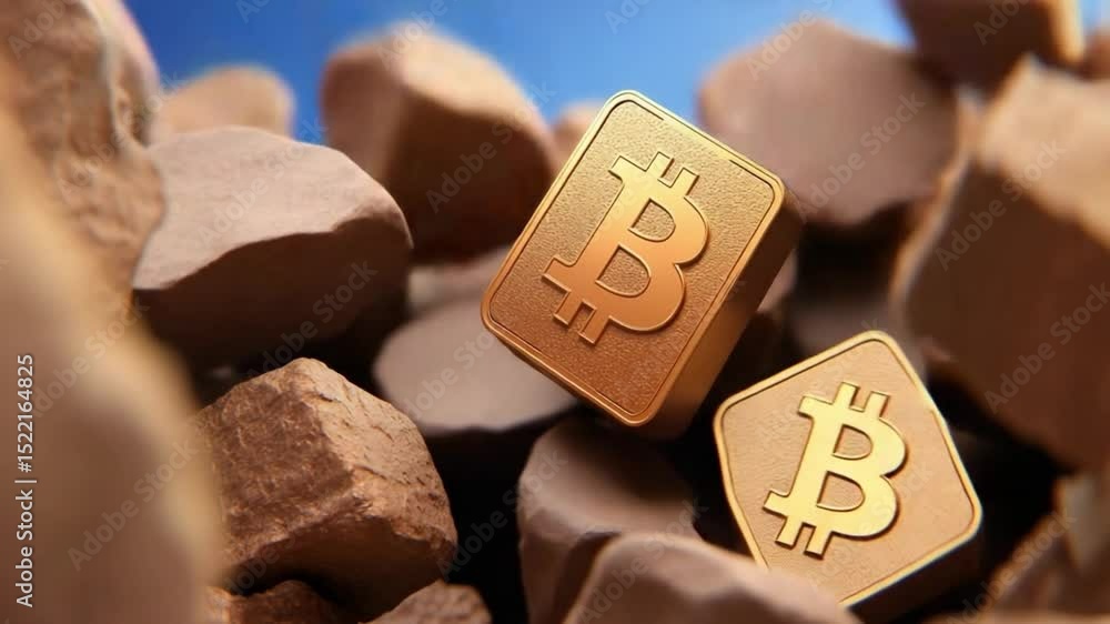 Poster bitcoin gold nugget: bitcoin gold nugget in surrounding of natural stone implying mining of digital 