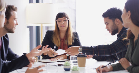 Collaboration, meeting and memo with business people in boardroom of discussion or planning. Corporate, passing notes and teamwork with employee group in office together for professional workshop