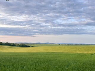 Panoramic morning view of the Czech countryside in the Opava region of Silesia on a sunny spring day.