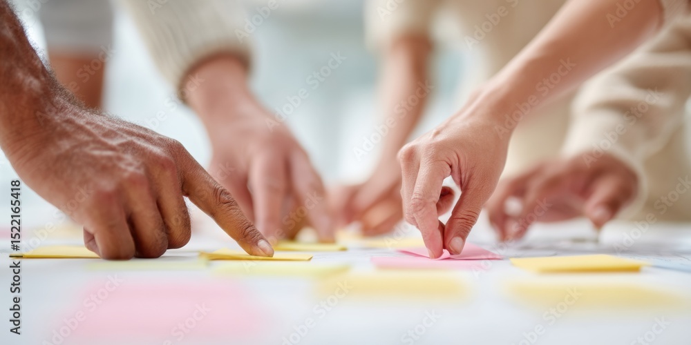 Poster Diverse Team Collaborating Over Desk Clutter with Sticky Notes and Documents for Creative Brainstorming and Business Innovation in Modern Workspaces