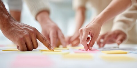Diverse Team Collaborating Over Desk Clutter with Sticky Notes and Documents for Creative Brainstorming and Business Innovation in Modern Workspaces