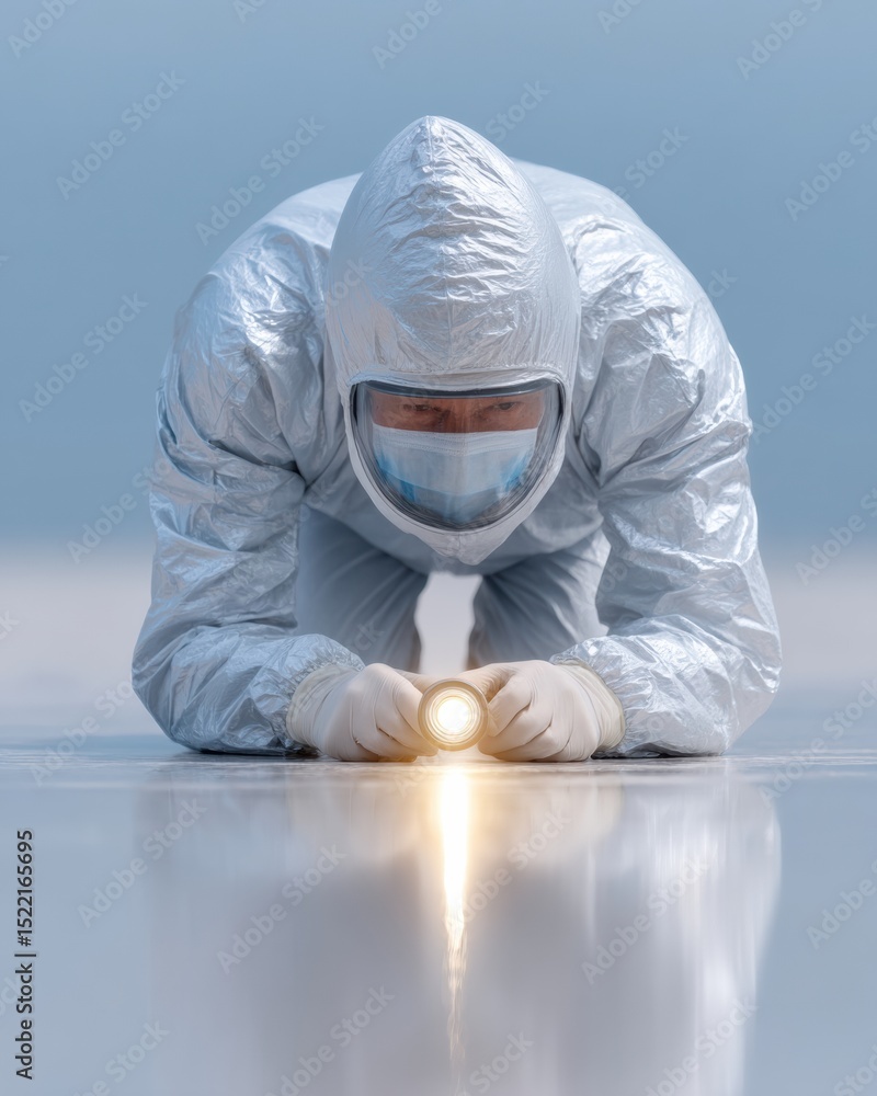 Poster structural damage inspector in protective suit using flashlight on house foundation highlighting ter