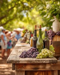 Rustic Wine Tasting Booth with Grape Clusters on Wooden Counter at Outdoor Festival Artisanal Beverage Display and Community Celebration